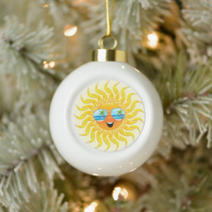 Summer Sun Cartoon with Sunglasses  Ceramic Ball Christmas Ornament