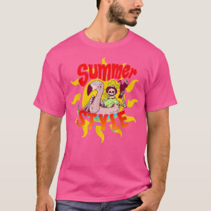 Summer Sun Pink Flamingo Cocktail Skeleton Summer T-Shirt