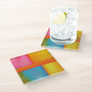 SUMMER, SUN & SEA - Pink Yellow Blue Abstract Art Glass Coaster