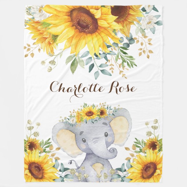 Summer Sunflower Elephant Baby Girl Nursery Fleece Blanket (Front)