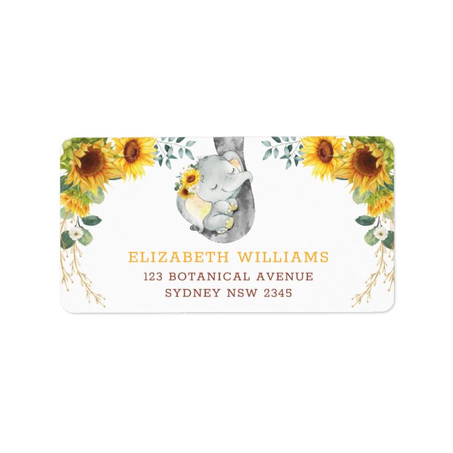 Summer Sunflower Elephant Baby Greenery Birthday Label (Front)