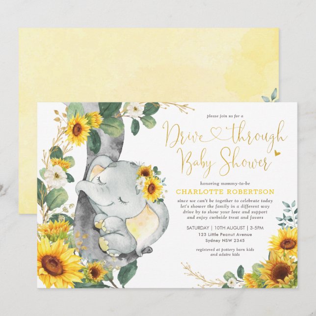 Summer Sunflower Elephant Drive By Baby Shower Invitation (Front/Back)