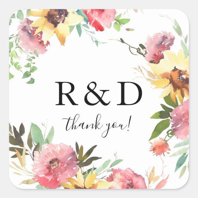 Summer Sunflower Floral Monogram Square Sticker (Front)