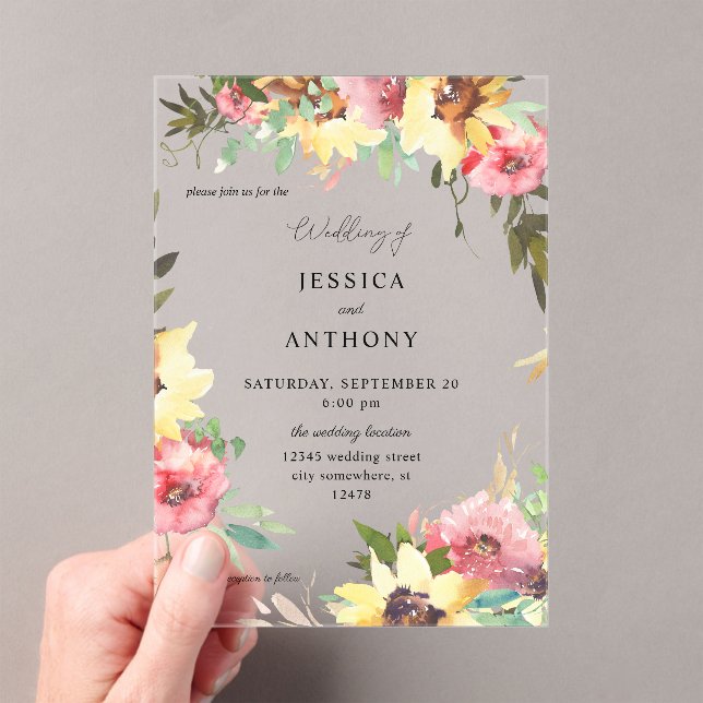 Summer Sunflower Floral Wedding 2 Acrylic Invitations (Insitu (Handheld))