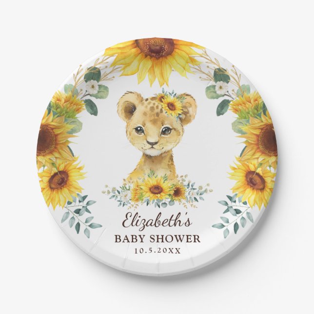 Summer Sunflower Lion Cub Jungle Baby Shower Paper Plate (Front)