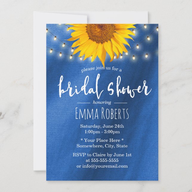 Summer Sunflower String Royal Blue Bridal Shower Invitation (Front)