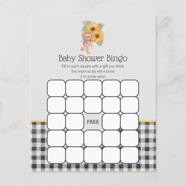 Summer Sunflower Teddy Bear Baby Shower Bingo Game (Front)