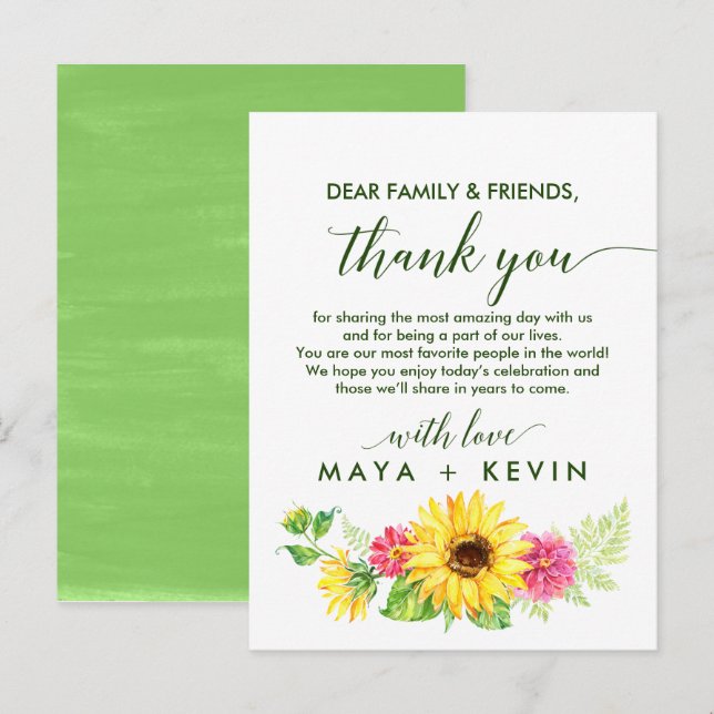Summer Sunflower Thank You Reception Card (Front/Back)