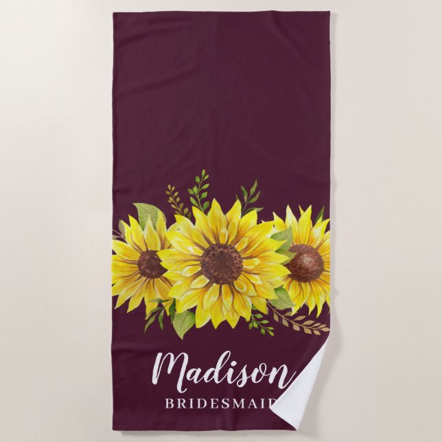 Summer Sunflower Watercolor Red Bridesmaid Favour Beach Towel (Front)