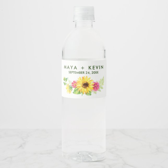 Summer Sunflower Wedding Water Bottle Label (Front)