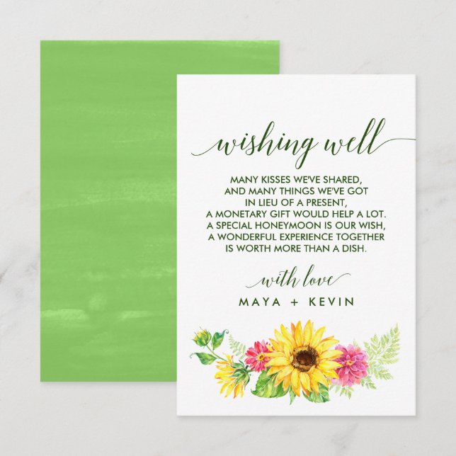 Summer Sunflower Wedding Wishing Well Enclosure Card (Front/Back)
