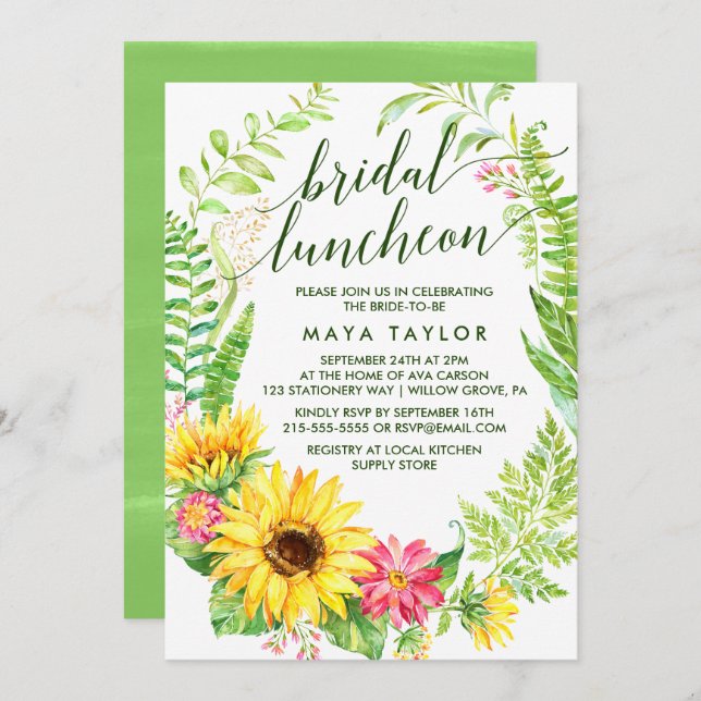 Summer Sunflower Wreath Bridal Luncheon Invitation (Front/Back)