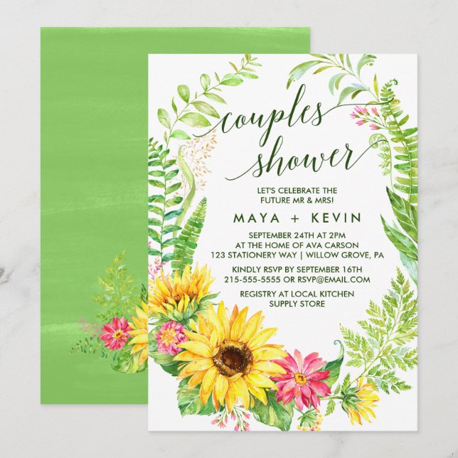 Summer Sunflower Wreath Couples Shower Invitation (Front/Back)