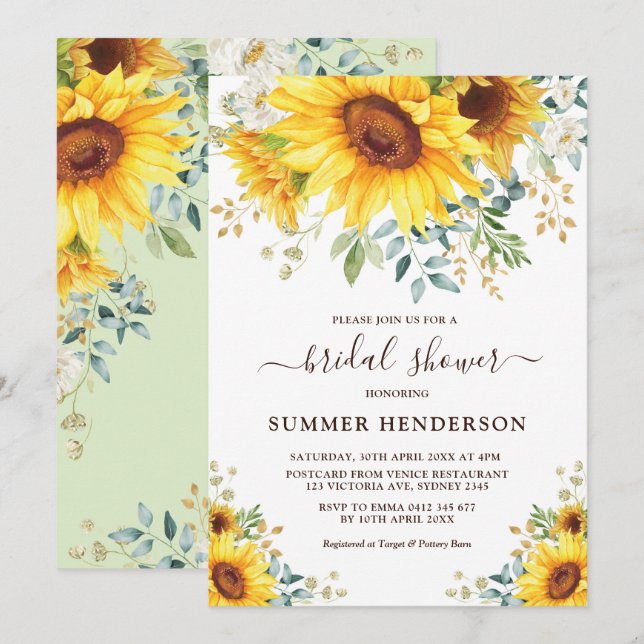 Summer Sunflowers Bridal Shower Yellow Floral Invitation (Front/Back)
