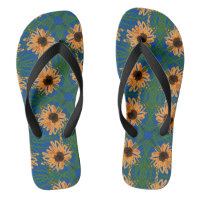 Summer Sunflowers Drawing Pattern Blue Flip Flops