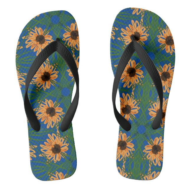 Summer Sunflowers Drawing Pattern Blue Flip Flops (Footbed)