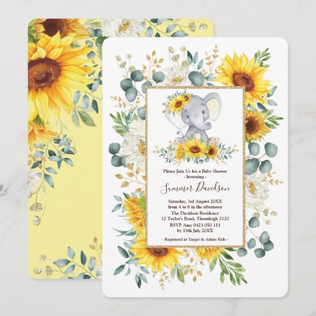 Summer Sunflowers Elephant Greenery Baby Shower Invitation (Front/Back)