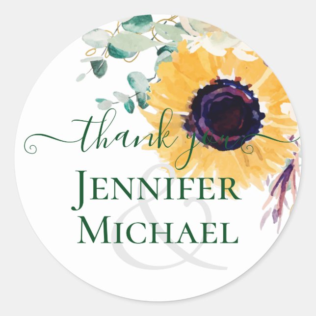 Summer Sunflowers Eucalyptus Greenery Wedding Classic Round Sticker (Front)