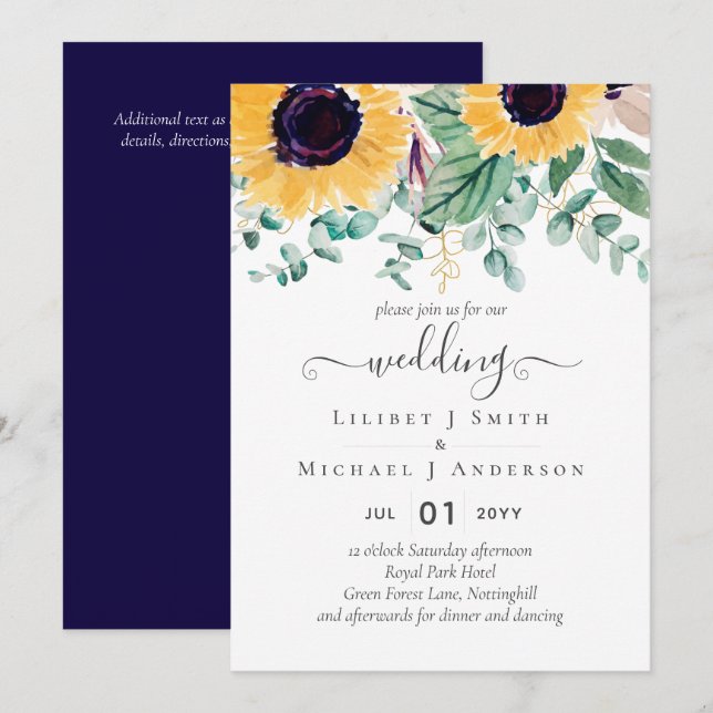 Summer Sunflowers Eucalyptus Greenery Wedding Invitation (Front/Back)