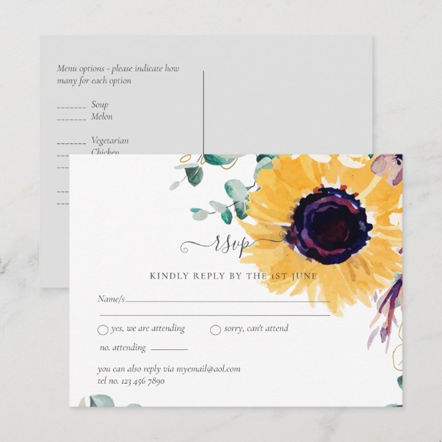 Summer Sunflowers Eucalyptus Greenery Wedding Postcard (Front/Back)