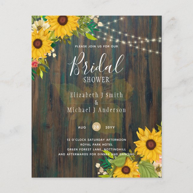Summer Sunflowers Rustic Wood BRIDAL SHOWER INVITE Flyer (Front)