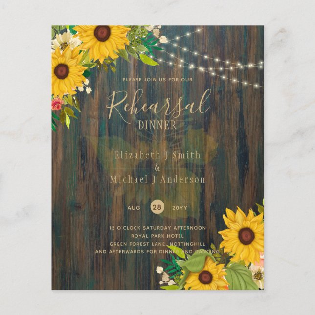 Summer Sunflowers Rustic Wood REHEARSAL DINNER Inv (Front)