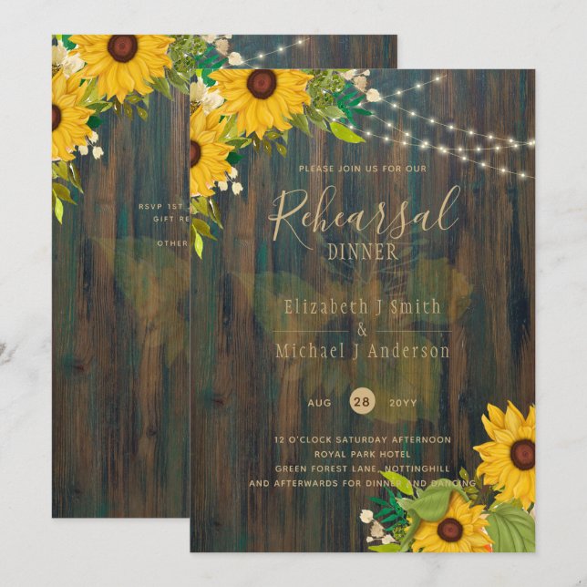 Summer Sunflowers Rustic Wood REHEARSAL DINNER Inv Invitation (Front/Back)