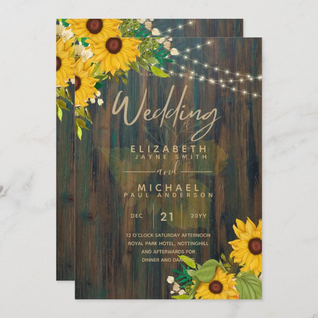 Summer Sunflowers Rustic Wood Wedding Invitation (Front/Back)