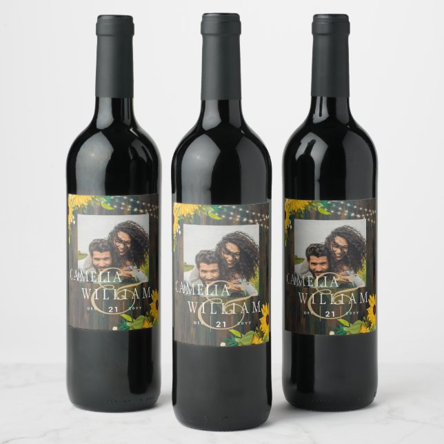 Summer Sunflowers Rustic Wood Wedding Wine Label (Bottles)