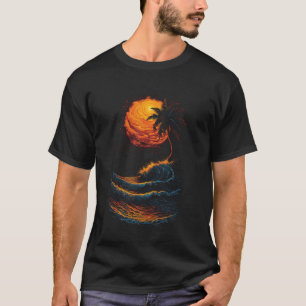 Summer Sunset Beach Palm Tree Ocean Waves Graphic T-Shirt