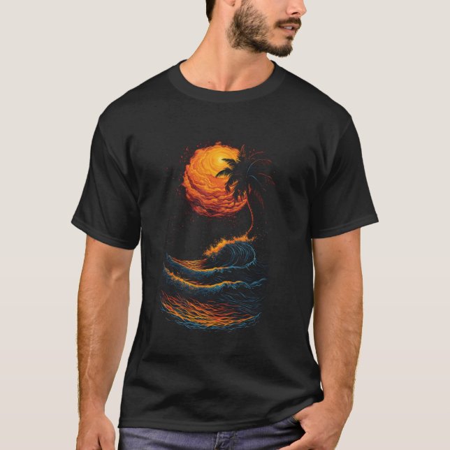 Summer Sunset Beach Palm Tree Ocean Waves Graphic  T-Shirt (Front)