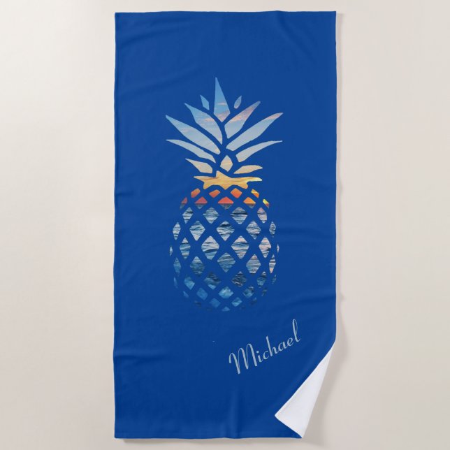 Summer Sunset Beach Pineapple Custom Beach Towel (Front)