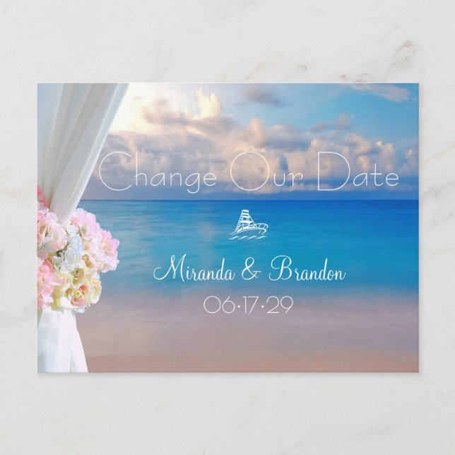 Summer Sunset Floral Beach Wedding Change the Date Announcement Postcard (Front)