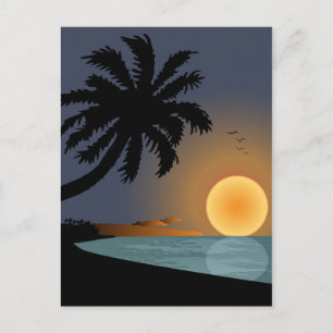 Summer sunset illustration with palm tree postcard