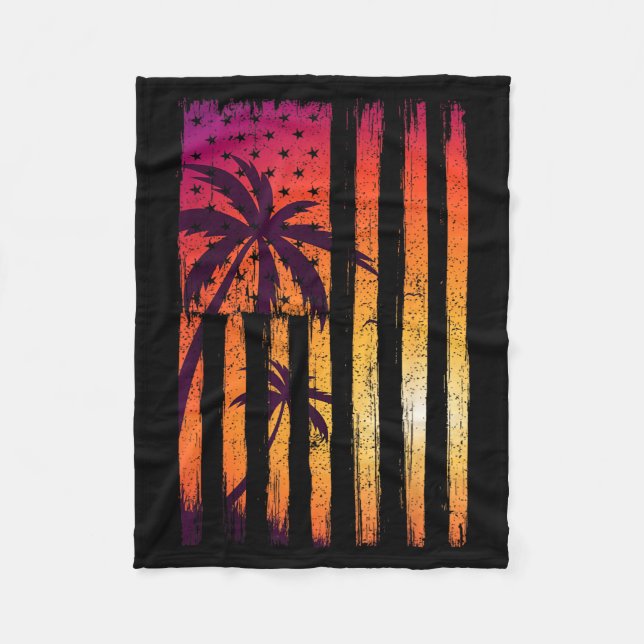 Summer Sunset Palm Trees American Flag Cool Spring Fleece Blanket (Front)