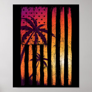 Summer Sunset Palm Trees American Flag Cool Spring Poster