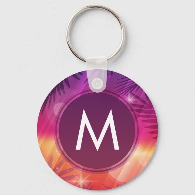 Summer Sunset Palm Trees Monogram Purple Orange Key Ring (Front)