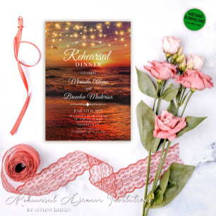 Summer Sunset String Light Beach Rehearsal Dinner Invitation