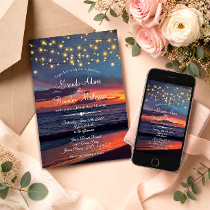 Summer Sunset String Lights Tropical Beach Wedding Invitation