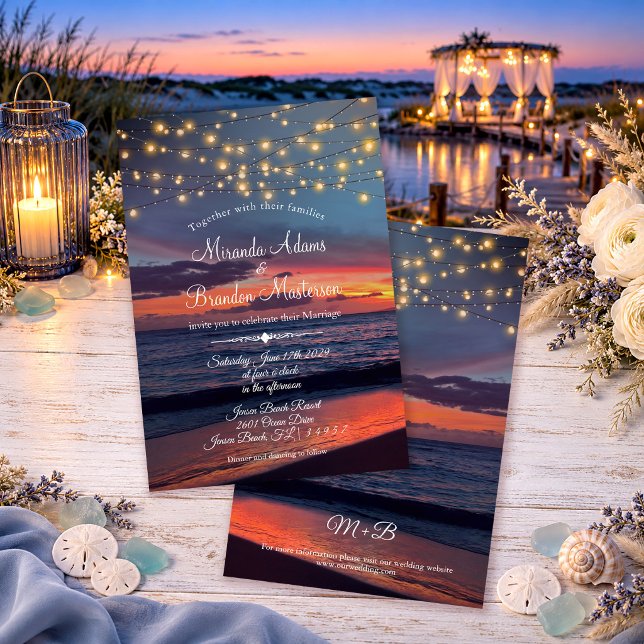 Summer Sunset String Lights Tropical Beach Wedding Invitation (Creator Uploaded)