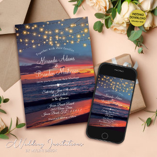 Summer Sunset String Lights Tropical Beach Wedding Invitation