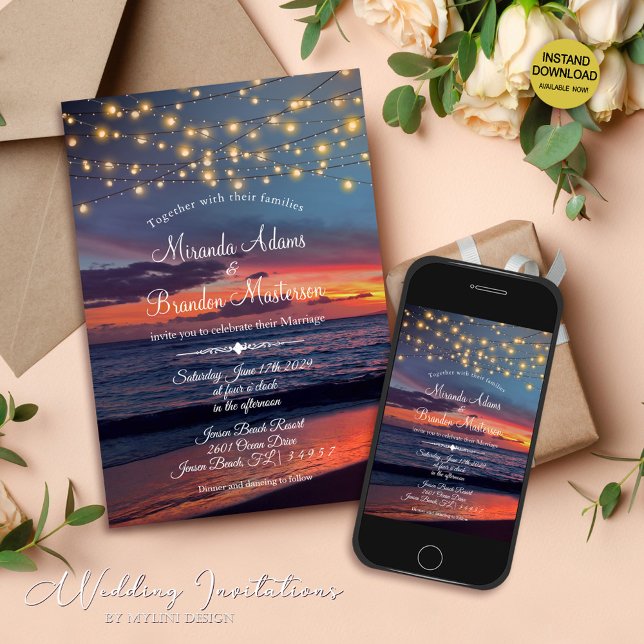 Summer Sunset String Lights Tropical Beach Wedding Invitation (Creator Uploaded)