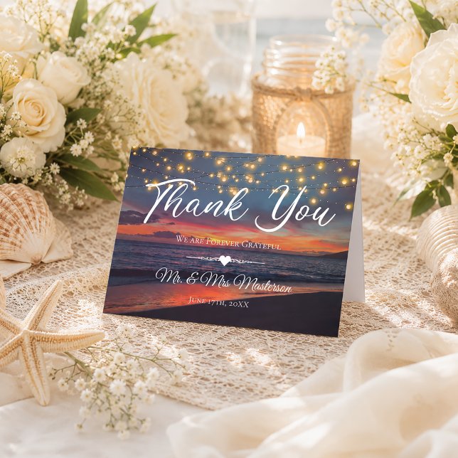 Summer Sunset String Lights Tropical Beach Wedding Thank You Card (Creator Uploaded)