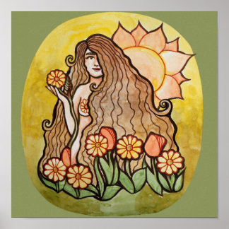 Summer Sunshine Goddess Sunflowers Gardening Green Poster