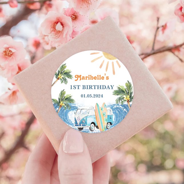 Summer Surf Birthday Party Classic Round Sticker (Creator Uploaded)