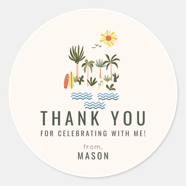 Summer Surf Birthday Party Thank You Favour Classic Round Sticker (Front)