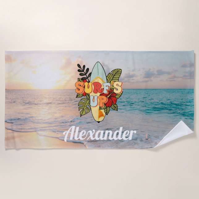 Summer surfing beach flowers and tropical leafs beach towel (Front)