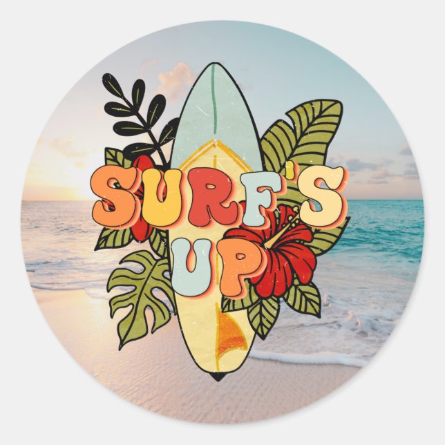 Summer surfing beach flowers and tropical leafs classic round sticker (Front)