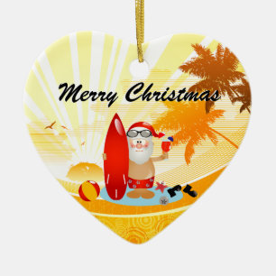 Summer Surfing Santa Ceramic Tree Decoration