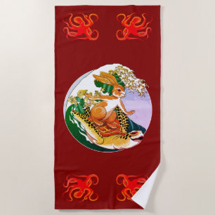 Summer Surfing - Turtle and Rabbit Illustration Beach Towel